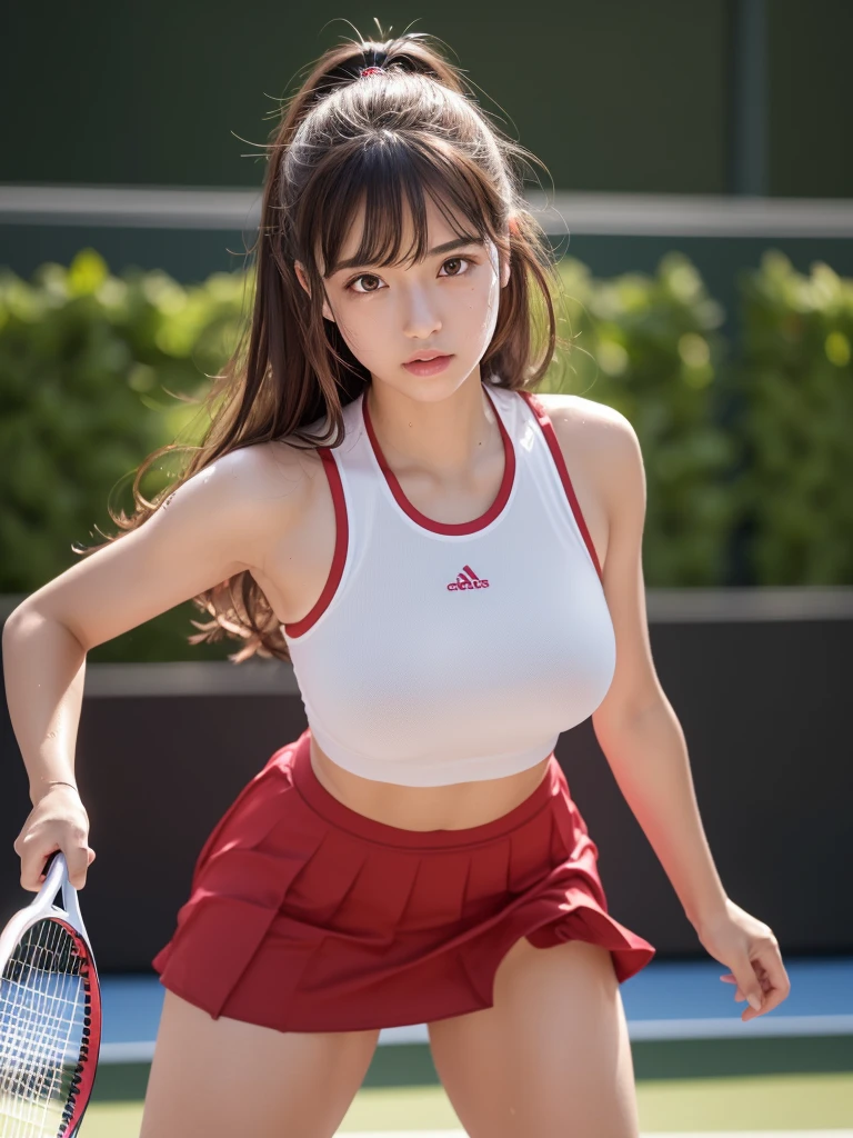 Black Tennis Wear, (No underwear:1.3), (Only one stiff tennis racket in one hand,Racket grip,Hold the grip end firmly:1.3), Tennis ball, Tennis court,  (Highest quality) , ((Very detailed)) , 4K , (8k) , masterpiece, Very detailedな, Highest quality, Super Resolution, sexy, 18-year-old girl, (Height: 152cm), 1 person, Very beautiful face, Cute type, Big Natural Color Lip, Big and pretty eyes, Brown eyes, Obvious double, Small and cute nose, Soft long hair, bangs, Brown Hair, Beautiful hands, finger is five, positive, Crying a little, Red Pleated Micro Mini Skirt, Soft Light, RAW quality, Soft Skin, (Glowing Skin, Sweaty: 1.5) , Beautiful legs, Voluptuous thighs, Plump body, Huge breasts, (Expresses the roundness and softness of the chest area........1), Beautiful body, (A perfect feminine figure), Accurate joint movement, (Provocative dynamic pose), Skirt flip, (Spreading pussy:1.2)