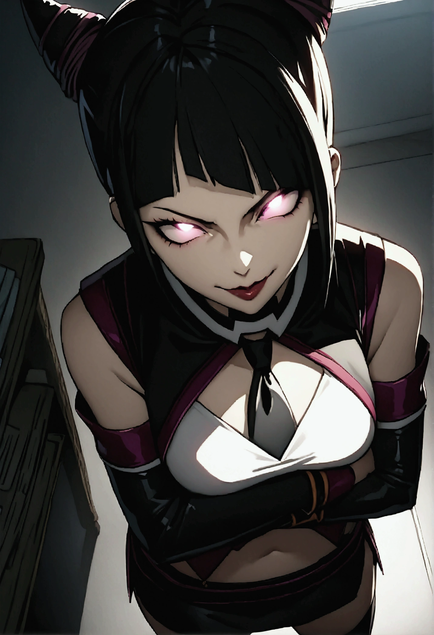 Juri Han, Artwork, fitted white secretary shirt with black tie, black mini skirt, skirt short,sock, Bblack hair, blackstockings,Evil smile,desk,bangs on the eyes,Lighting,horn of hair,from above view,staring overhead,crossed arms,close up
