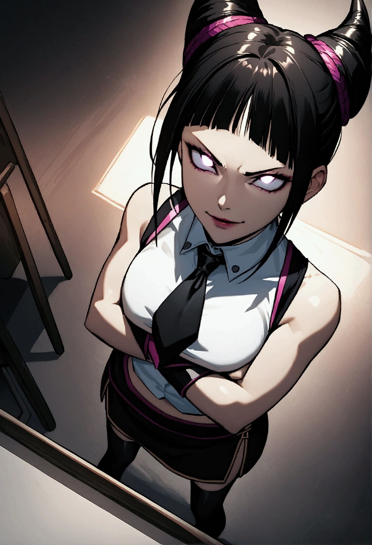 Juri Han, Artwork, fitted white secretary shirt with black tie, black mini skirt, skirt short,sock, Bblack hair, blackstockings,Evil smile,desk,bangs on the eyes,Lighting,horn of hair,from above view,staring overhead,crossed arms,close up
