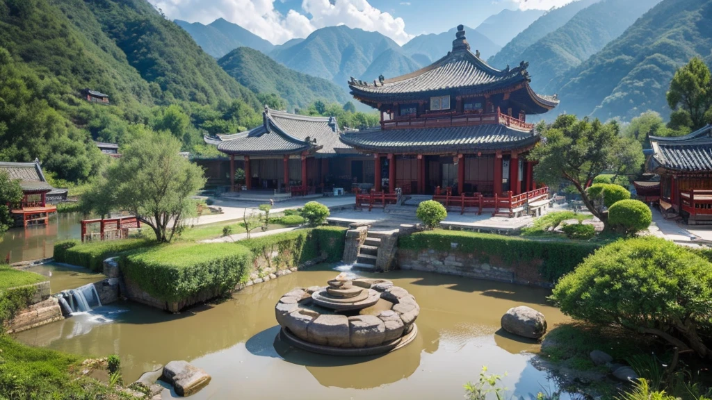 Natural beauty, Chinese ancient village.     The Stream.    cloud, Temple.    View from the air, mystical beauty, 8k