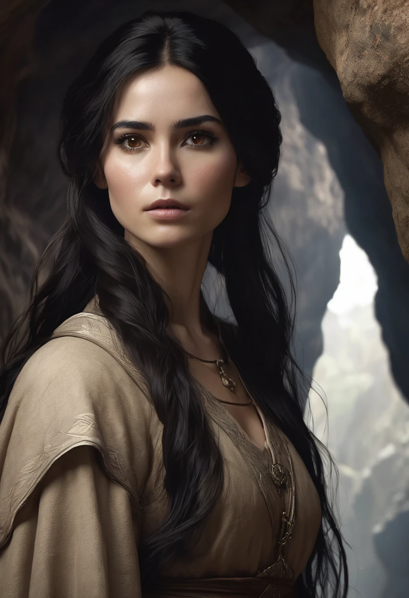 1 woman, inside a cave, wearing simple medieval clothing in brown and beige tones, detailed facial features, feminine black eyes, detailed fair skin, long messy black hair, dramatic lighting, cinematic composition, dark palette, dark colors, atmospheric haze, thin chin, serious face, slim and beautiful woman (best quality, 4K, 8K, high resolution, artwork: 1.2), ultra detailed (realistic, photorealistic)