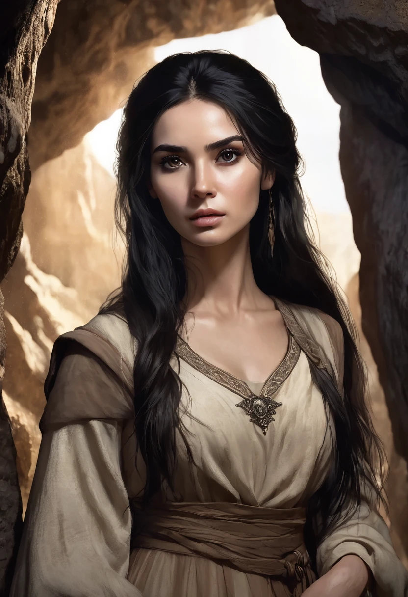 1 woman, inside a cave, wearing simple medieval clothing in brown and beige tones, detailed facial features, feminine black eyes, detailed fair skin, long messy black hair, dramatic lighting, cinematic composition, dark palette, dark colors, atmospheric haze, thin chin, serious face, slim and beautiful woman (best quality, 4K, 8K, high resolution, artwork: 1.2), ultra detailed (realistic, photorealistic)