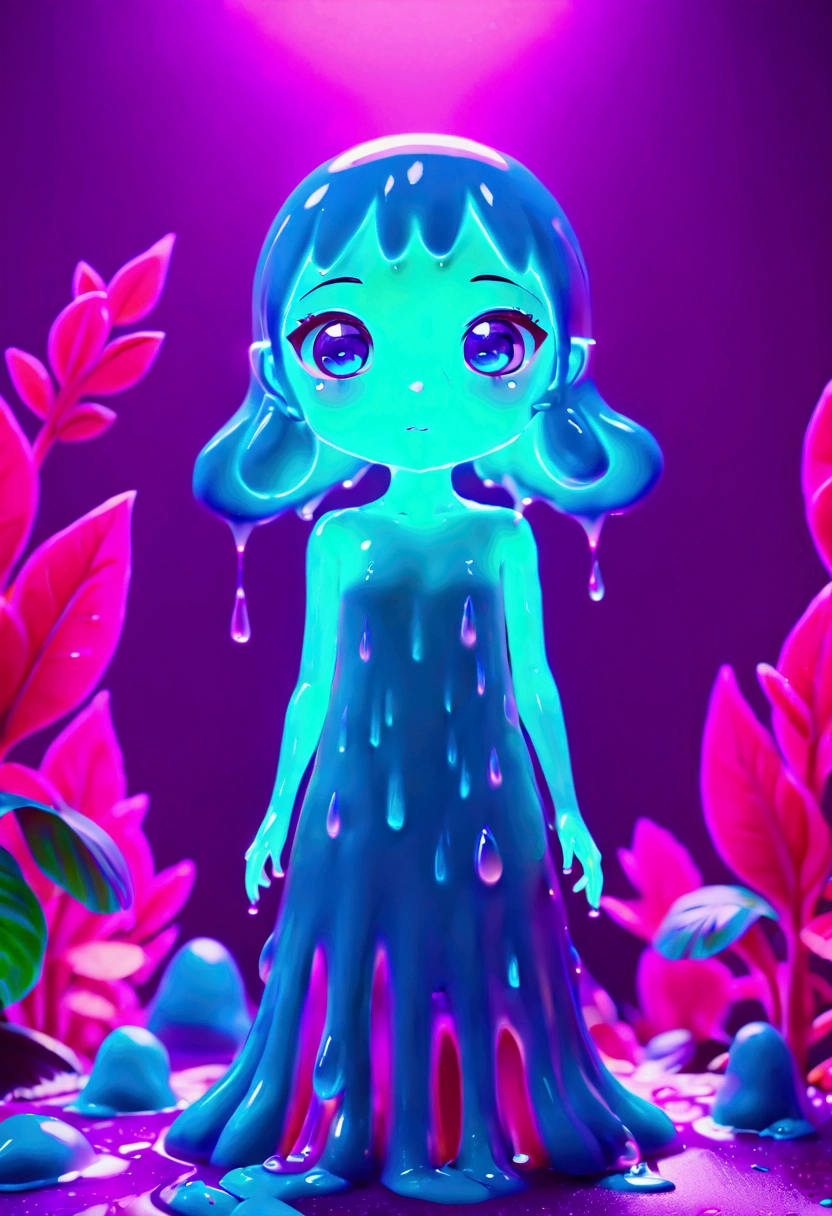 A slime creature, detailed slimy texture, gooey and viscous appearance, cute eyes, bright neon colors, fluorescent glowing, surreal fantasy landscape, colorful alien environment, glowing mushrooms, bioluminescent plants, cinematic lighting, detailed 3D render, vibrant colors, high detail, masterpiece, best quality, very aesthetic, absurdres