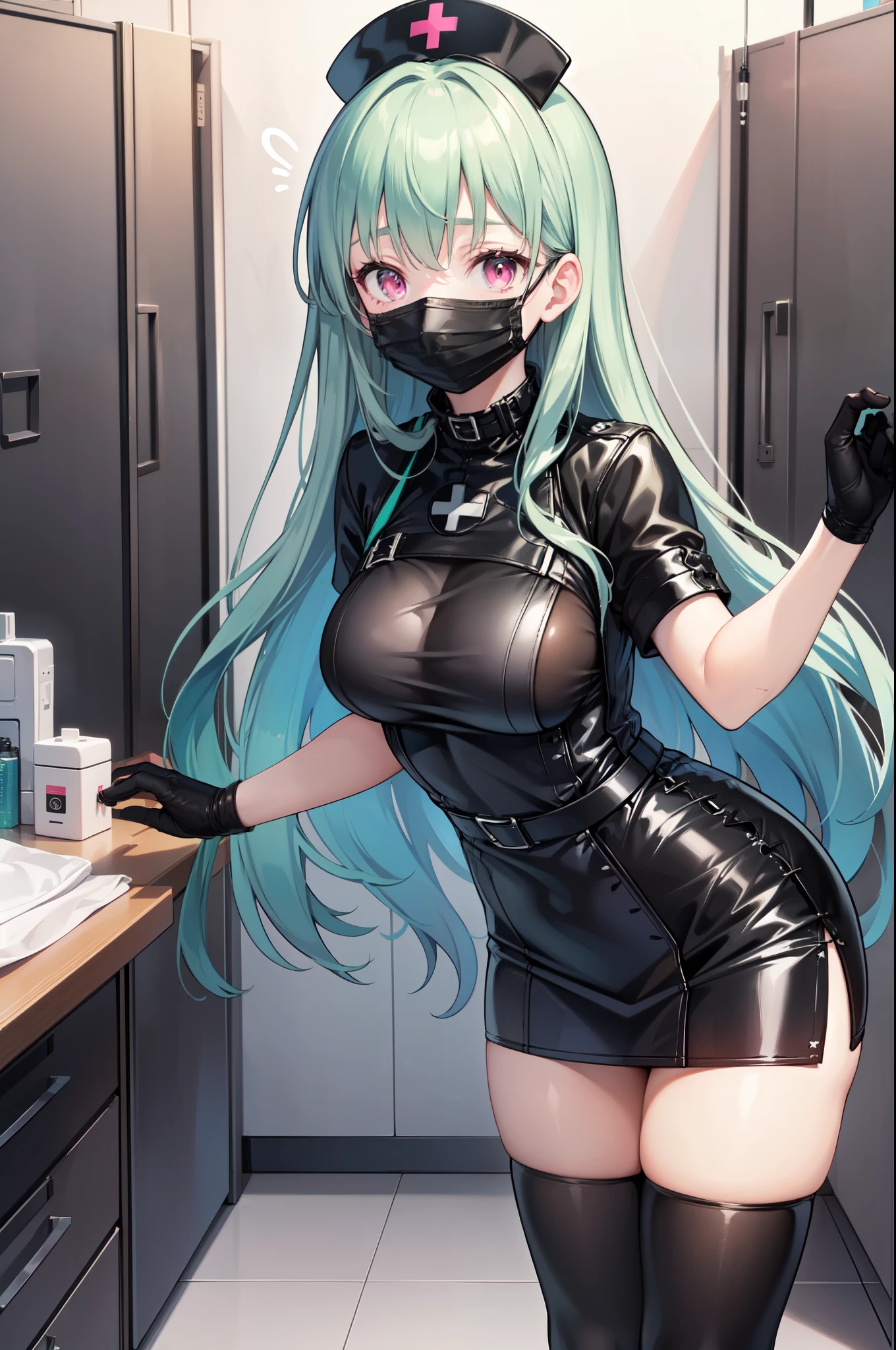 black nurse, 1woman, solo, black nurse cap, black nurse uniform, ((black legwear, zettai ryouiki)), black elbow gloves, forehead, long hair, green hair, pink eyes, ((black surgical mask, covered nose)), standing, ((surgery room)), sharp outline, short sleeves, mature female, 35 years old, best quality, masterpiece