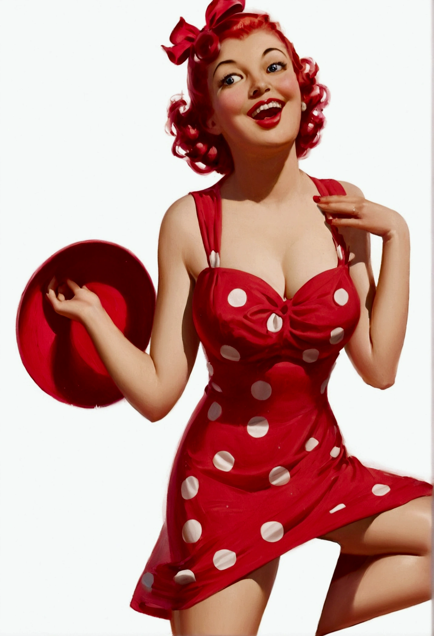 pin-up, playful smilling girl in a red dress with large polka dots, open mouth, wondering pose, pin-up hairstyle, medium breasts, juicy lips, professional photo, Photorealistic, White background