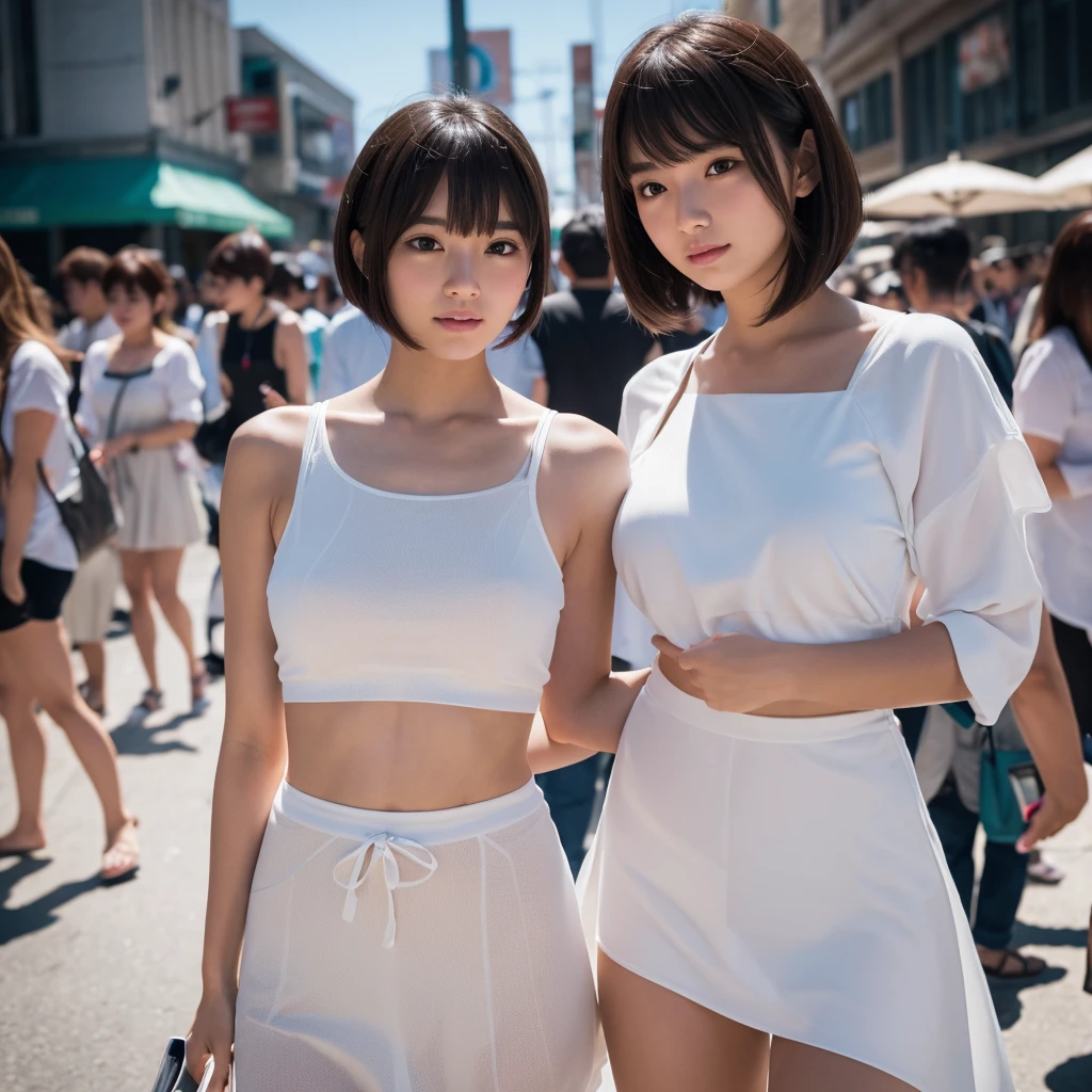 Pure white loincloth, Extended Down Camisole, (Browsing Caution), (cute, girl), I had already finished, (straight, Blunt bangs),short_cut, On the street, In the middle of a crowd, ((8k, Super detailed, Realistic)), Detailed skin, Detailed face, Highest Quality Real Texture Skins, High resolution