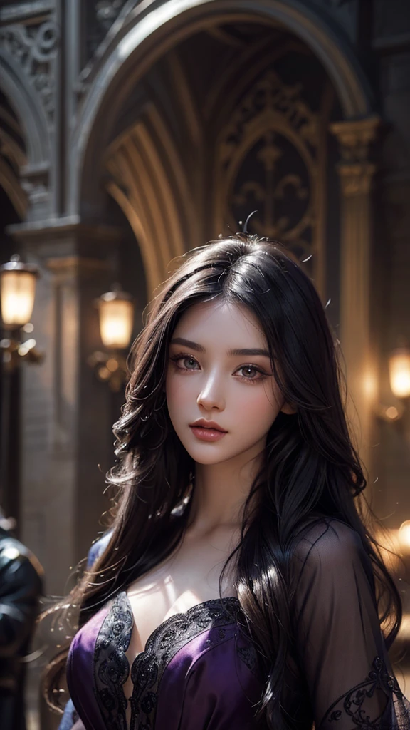 a long black haired girl, detailed elegant face, beautiful detailed eyes, beautiful detailed lips, extremely detailed eyes and face, long eyelashes, elegant hairstyle, hair tips in purple, detailed intricate dress, fantasy medieval style, cinematic dramatic lighting, vibrant rich colors, digital art, concept art, hyper detailed, 8k, highres, masterpiece
