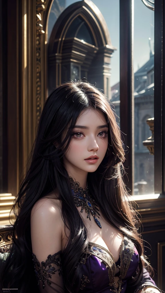 a long black haired girl, detailed elegant face, beautiful detailed eyes, beautiful detailed lips, extremely detailed eyes and face, long eyelashes, elegant hairstyle, hair tips in purple, detailed intricate dress, fantasy medieval style, cinematic dramatic lighting, vibrant rich colors, digital art, concept art, hyper detailed, 8k, highres, masterpiece