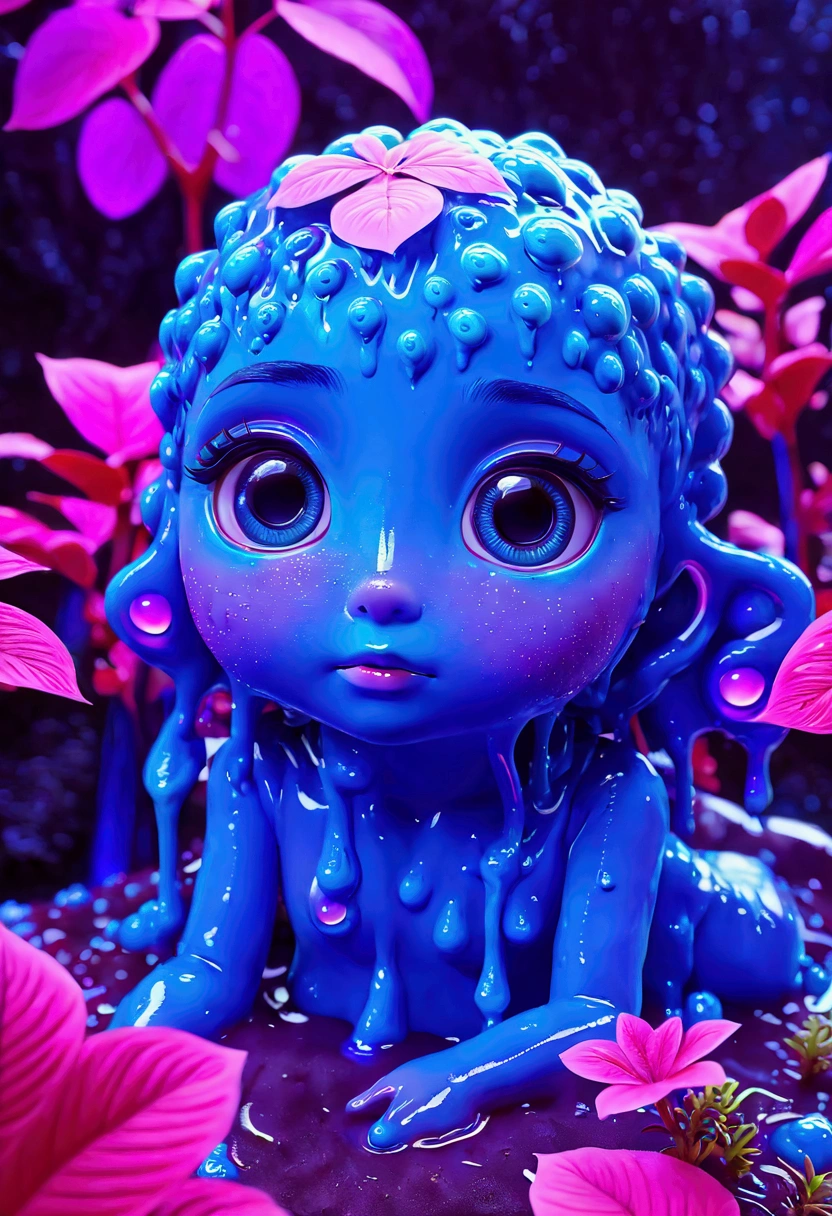 slime girl, slimegirlsupremacy, slimegirlsfw, A slime creature, detailed slimy texture, gooey and viscous appearance, (cute eyes:1.5), bright neon colors, fluorescent glowing, surreal fantasy landscape, colorful alien environment, glowing, bioluminescent plants, cinematic lighting, detailed 3D render, vibrant colors, high detail, masterpiece, best quality, very aesthetic, absurdres