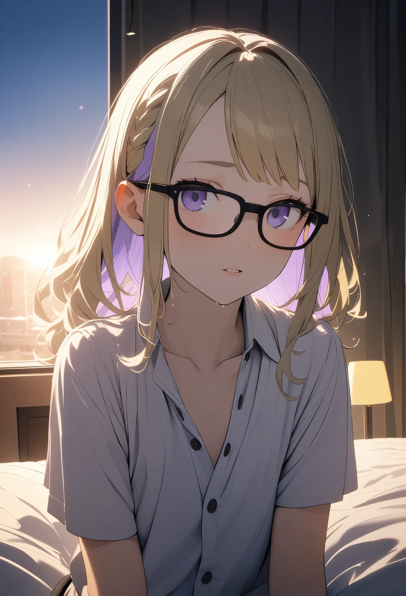 15-year-old girl, ((Off-the-shoulder shirt、clothes are exposed、sexy bra and underwear、glasses))、(Golden hair color、Light purple inner color hairstyle、Hair expressed with a delicate touch), Beautiful Hair, Facial Contour, Remember, ,Hotel, splash, Lens flare、night,illumination、Natural Color, High resolution, Very delicate, Very detailed, 8k,Lying in bed、(Breast size around B cup)、Shyness,((Sexual)),((Sexy feeling)),Top view angle