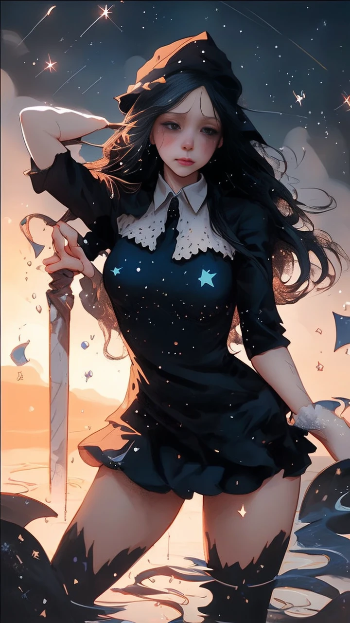 beautiful detailed witch in wizard hat praying, long flowing dress, side view, musical notes, blue, beautifully detailed sky with stars and shooting stars, wind, crying, water splash, kawaii