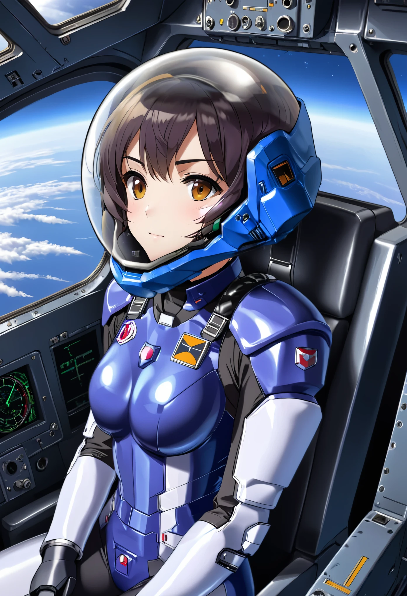 ((Female pilot in the cockpit of a reconnaissance plane), (airplane cockpit), (in flight), (10000 feet altitude)、(sky view):1.7),, short hair, street, emo, BLACK hair, white eyes, eyeliner, apocalypse, girl, nside the (cockpit:1.9) of a (futuristic spaceship:1.6), , blush,sitting on a chair, covered navel, space helmet, muvluv, space helm, plug suit , space helmet, eva helm, space suit, short hair,
