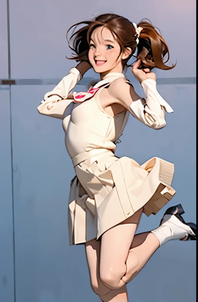 android, beautiful robot, short pigtails, brown hair, Hair tie with two big red clothespins, big smile, brown hair, middle age, joint seam, blue eyes, full body figure, Height: 160cm, Light beige micro mini dress, fluttering skirt, skirt folds, white retro swimwear, Uplifting, 2020s anime style, 21thcentury japan animation, show White pantie