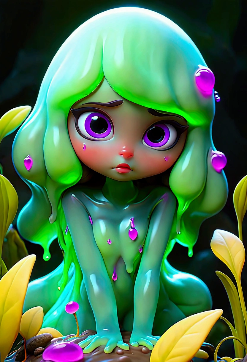 A slime creature, detailed slimy texture, gooey and viscous appearance, cute eyes, bright neon colors, fluorescent glowing, surreal fantasy landscape, colorful alien environment, glowing mushrooms, bioluminescent plants, cinematic lighting, detailed 3D render, vibrant colors, high detail, masterpiece, best quality, very aesthetic, absurdres