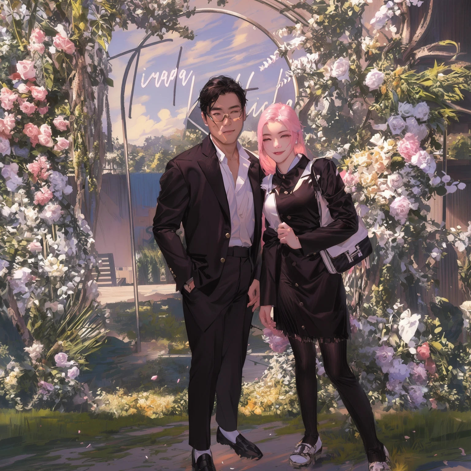 there are two people standing in front of a floral arch, tyler edlin and natasha tan, jordan grimmer and natasha tan, natasha tan maciej kuciara, jin shan and ross tran, by Robbie Trevino, wedding, 🤬 🤮 💕 🎀, backdrop, wearing white suit, sunday, smooth in _ the background, lovely couple, by Joy Garnett