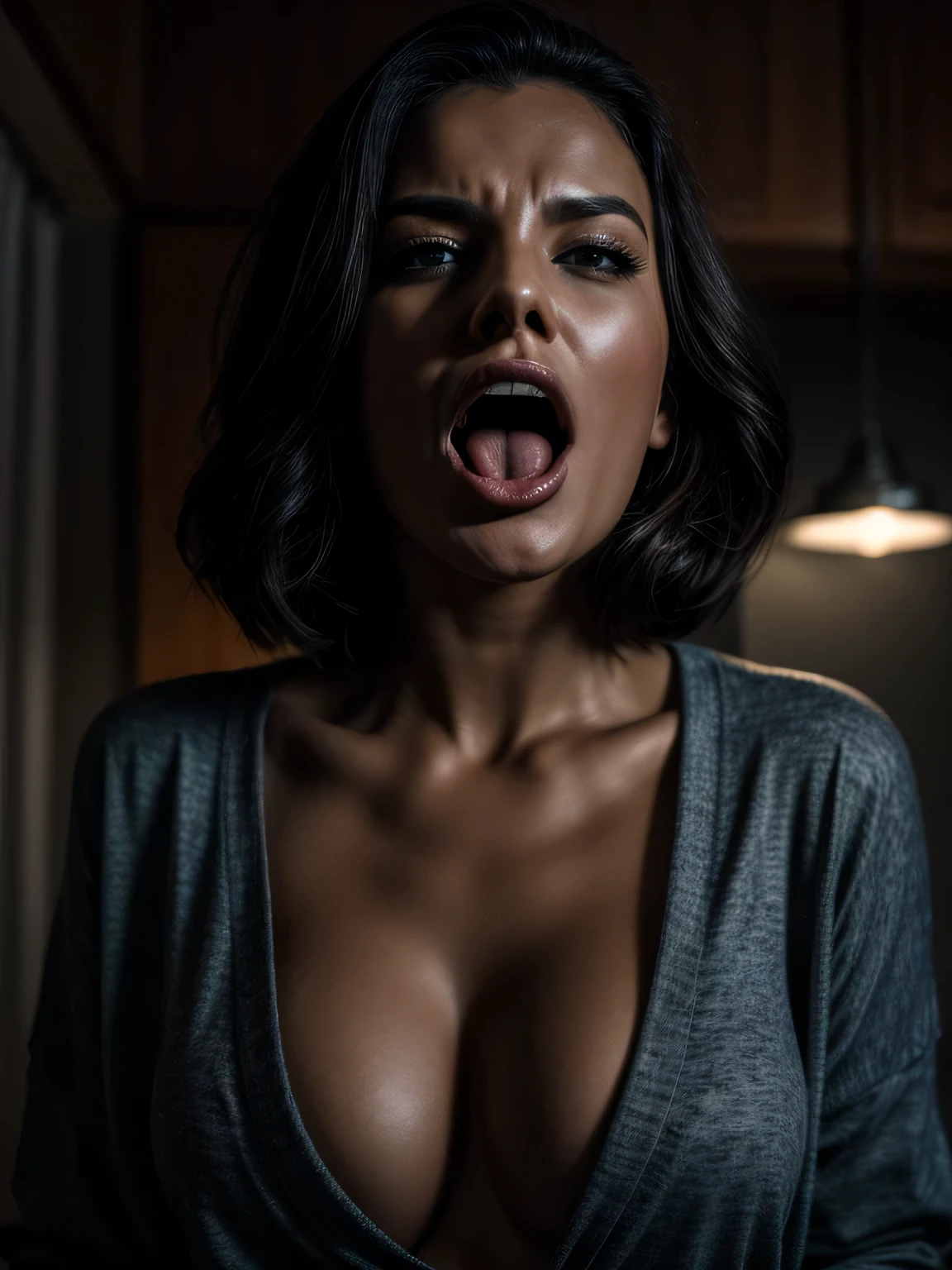 beautiful woman moaning with her mouth open, tongue out, light clothes, 30s, round face, cinematic appearance, detailed.