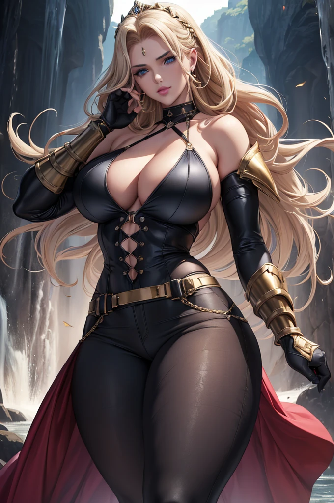 Best quality, solo mature woman, giant breasts, giant ass, very curvy, dark skin, bob cut hair, hot pink eyes, full lips, seductive, tattoos, tight croptop shirt, low jeans, thongs, silver hoops, thick thighs, cuvry physique, bimbo,Brooke Shields, 29-years-old, as a mythological diva, in a long dress ( No Straps ), See-through fabric, thighs exposed, long white dress with gold details and long fringes, gold armbands, long gold bracelets, gold choker necklace, tiara dourada, large hoop earrings, golden belt, majestic pose, blonde hair with braids, athletic curvy body, clear eyes, look-at-camera, facial expression of tenderness, Romanticism, dark cave with piercing rays, stones, waterfall,Scarlett Johansson as Black Widow is often depicted in a sleek, black leather suit, which is designed to be both functional for combat and visually striking. Her character typically exudes confidence and strength, often seen smiling or with a determined expression. In this iconic look, the costume is form-fitting with tactical details, including a low-cut neckline, utility belt, and various accessories like wrist gauntlets and holsters. Her hair is usually styled in loose waves or a practical updo, complementing her overall fierce and capable persona.,(()) ((magnificent, majestic, beautiful celestial goddess of light)) ((floating above ground)) ((pale skin)) ((Big blue eyes)), ((dark eyeshadows make up)) ((bright red lips)), (()) ((long wavy platinum blonde hair, hair floating around)) ((big breast,1.7)) ((slender body)) ((wear armor chestplate:1.5, tiny thong bottom)) ((white cape)) ((armor shoulder pads, gauntlets long boots)) ((halo of gold and light above head)) ((hold a sword on her hand)) ((glowing magic sparks particles floating around)) ((battlefield background)), ((high definition:1.5), ((amazing lights and shadows)) ((masterpiece:1.5))((8k:1.5)) ((Best quality:1.4)), more_details:-1, more_details:0, more_details:0.5, more_details:1, more_details:1.5, more prism, vibrant col
