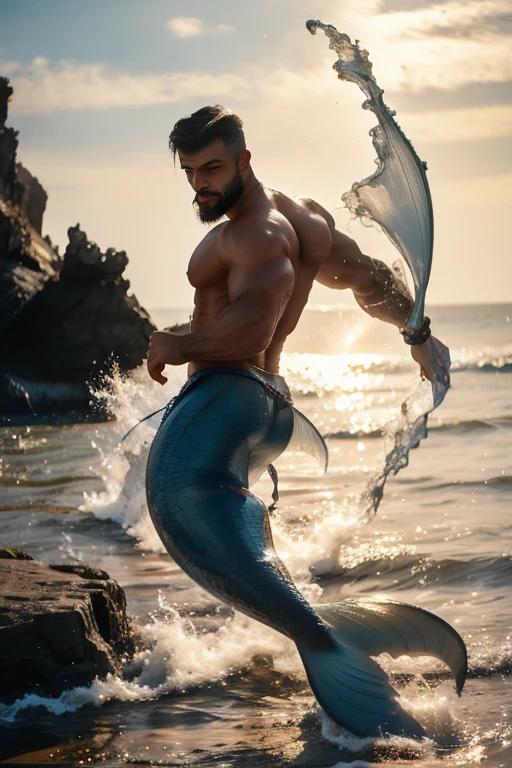 muscle male mermaid, merman, muscles, male bodybuilder, blue mermaid tails, short beard, black hair, jumping from water, selftouch, water twister, rocks, wallpaper
