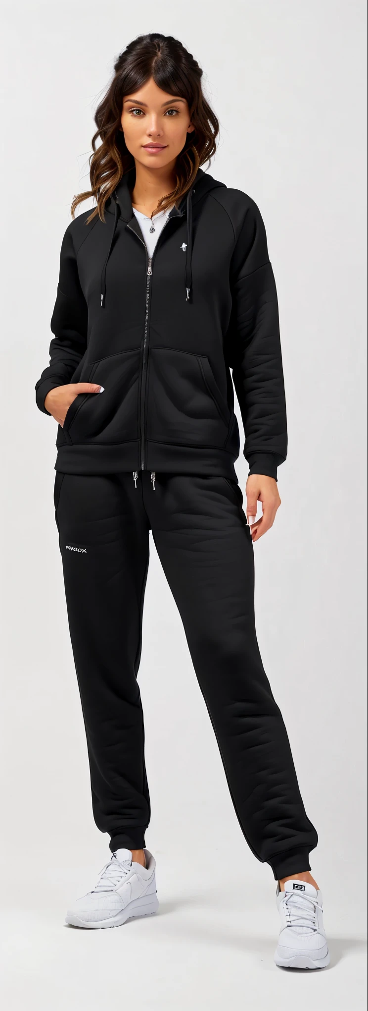 a white woman in a black hoodie and sweatpantss poses for a picture, track suit, wearing a sweatshirt, wearing a track suit, Wearing a hoodie and sweatpants, black sweatpants, wearing athletics suit, casual, female outfit, in a black hoodie, with two front pockets, casual black clothing, wearing a black sweatshirt, sports clothes