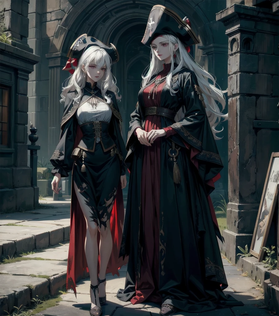 absurdres, RAW photo, extremely delicate and beautiful, masterpiece, Best Quality, ultra high resolution, 32k, hyperrealistic, ultra-detailed, Very detailed CG 8k wallpaper, detailed background, landscape, Beautiful Lighting, Perfect Lightning, Realistic Shadows, perfect ???????, anatomically correct, perfect figure, Perfect Style, Perfect balance, super Detailed skin, in her 30s, very Slim body, narrow waist, very small head, very small face, delicate facial features, handsome detailed woman, very detailed eyes and face, realistic face proportions, Realistic beautiful face, Realistic beautiful eyes, tearful mole, earring, full body shot, very huge round ????, medium hair, asymmetrical hair, wavy hair, outdoor, Practical pirate clothing, Long-sleeved pirate top, Skirt, torn pirate hat, white hair, green eyes, blood, vampiric, red eyes, fangs, black cape, 