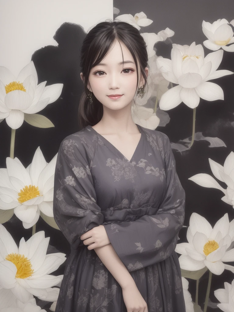 ((4K,masterpiece,Highest quality)), Shui Movissim, Traditional Chinese Ink Painting, Lotus, 、One girl, alone, Black Hair、Side Ponytail、smile, Are standing, Model pose、Wearing a floral dress、I have my arms crossed