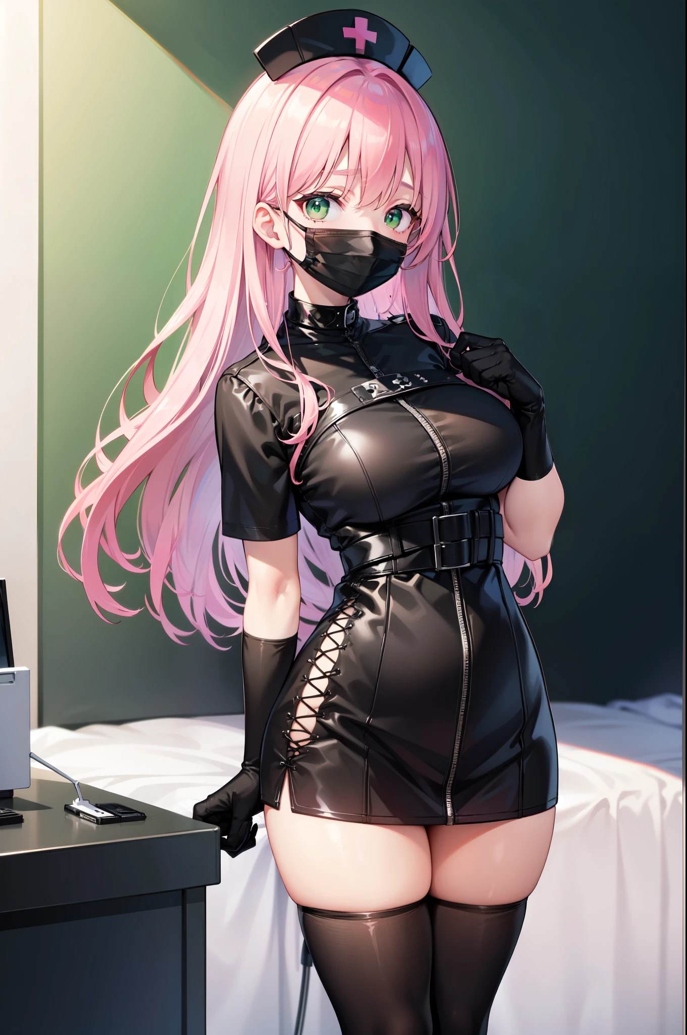 black nurse, 1woman, solo, black nurse cap, black nurse uniform, ((black legwear, zettai ryouiki)), black elbow gloves, pink hair, green eyes, drooping eyes, ((black surgical mask, covered nose)), standing, ((surgery room)), sharp outline, short sleeves, mature female, 32 years old, best quality, masterpiece