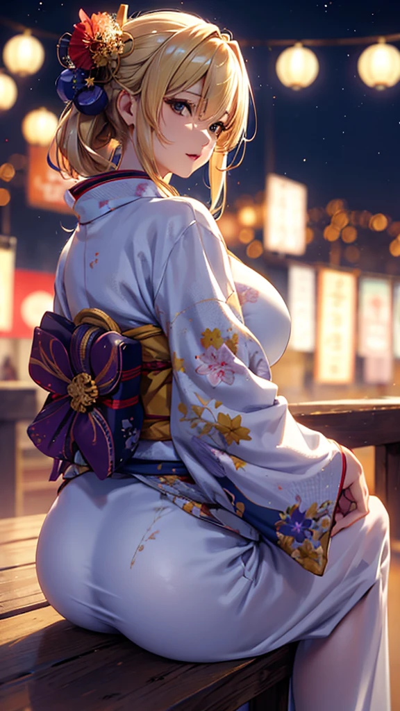 masterpiece, high quality, 4K, Beautiful design, blonde, 非常に詳細な夜のStarry Sky,Summer festival, wonderful, Finer details, Very knowledgeable woman, Highly detailed solo, 1 female,Big Breasts,Stall,Butt Emphasis,Yukata in white color,Night view,Starry Sky,How to sit,firework,