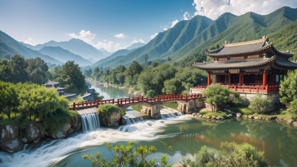 Natural beauty, Chinese ancient village. The Stream. cloud, Temple. View from the air, mystical beauty, 8k