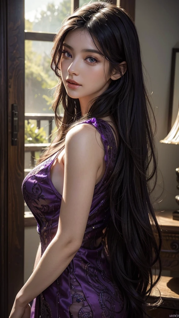 a woman with long flowing purple-tipped black hair, beautiful detailed eyes, beautiful detailed lips, extremely detailed eyes and face, long eyelashes, elegant flowing dress, serene expression, natural lighting, fantasy landscape, glowing purple highlights, ethereal and dreamy atmosphere, (best quality,4k,8k,highres,masterpiece:1.2),ultra-detailed,(realistic,photorealistic,photo-realistic:1.37),vibrant colors,intricate details,cinematic lighting,digital art,fantasy art