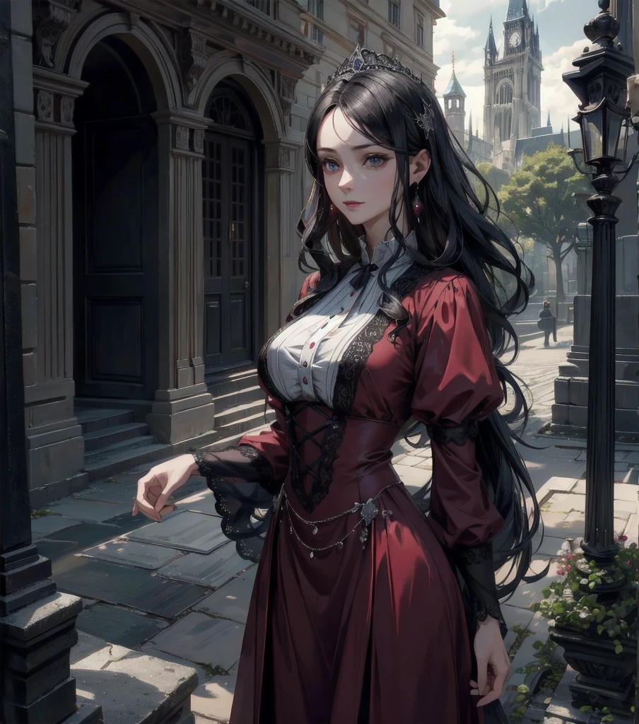 absurdres, RAW photo, extremely delicate and beautiful, masterpiece, Best Quality, ultra high resolution, 32k, hyperrealistic, ultra-detailed, Very detailed CG 8k wallpaper, detailed background, landscape, Beautiful Lighting, Perfect Lightning, Realistic Shadows, perfect anatomy, anatomically correct, perfect figure, Perfect Style, Perfect balance, super Detailed skin, in her 30s, very Slim body, narrow waist, very small head, very small face, delicate facial features, handsome detailed woman, very detailed eyes and face, realistic face proportions, Realistic beautiful face, Realistic beautiful eyes, tearful mole, earring, full body shot, very huge round tits, medium hair, asymmetrical hair, wavy hair, outdoor, Gothic red dress, vampire teeth, castle,