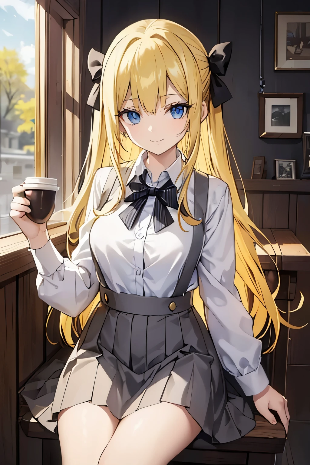 Safe for work, masterpiece, best quality, solo, 1 girl,   (young female body:1.4), ( medium breasts), golden yellow hair, extra long hair, bright yellow hair, blunt bangs, crystal blue eyes, very detailed eyes, sitting in a chair, elegant, smiling, cute girl, cowboy shot, coffee shop, restaurants background, ribbons, bows, gray skirt, dark gray skirt with suspenders, suspenders, white blouse, long slseeves, open buttons, big bow in hair