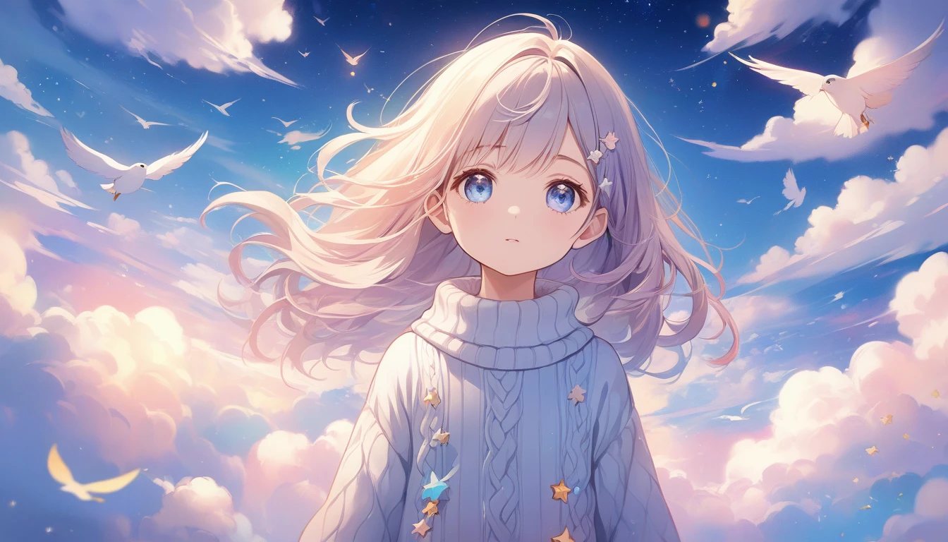 (best quality,4K,8K,High resolution,masterpiece:1.2), The girl in the clouds has hair as fluffy as clouds,bird overhead,soft sweater,tiny stars, fantasy illustration, dream color, Children's illustration style.bright colors
