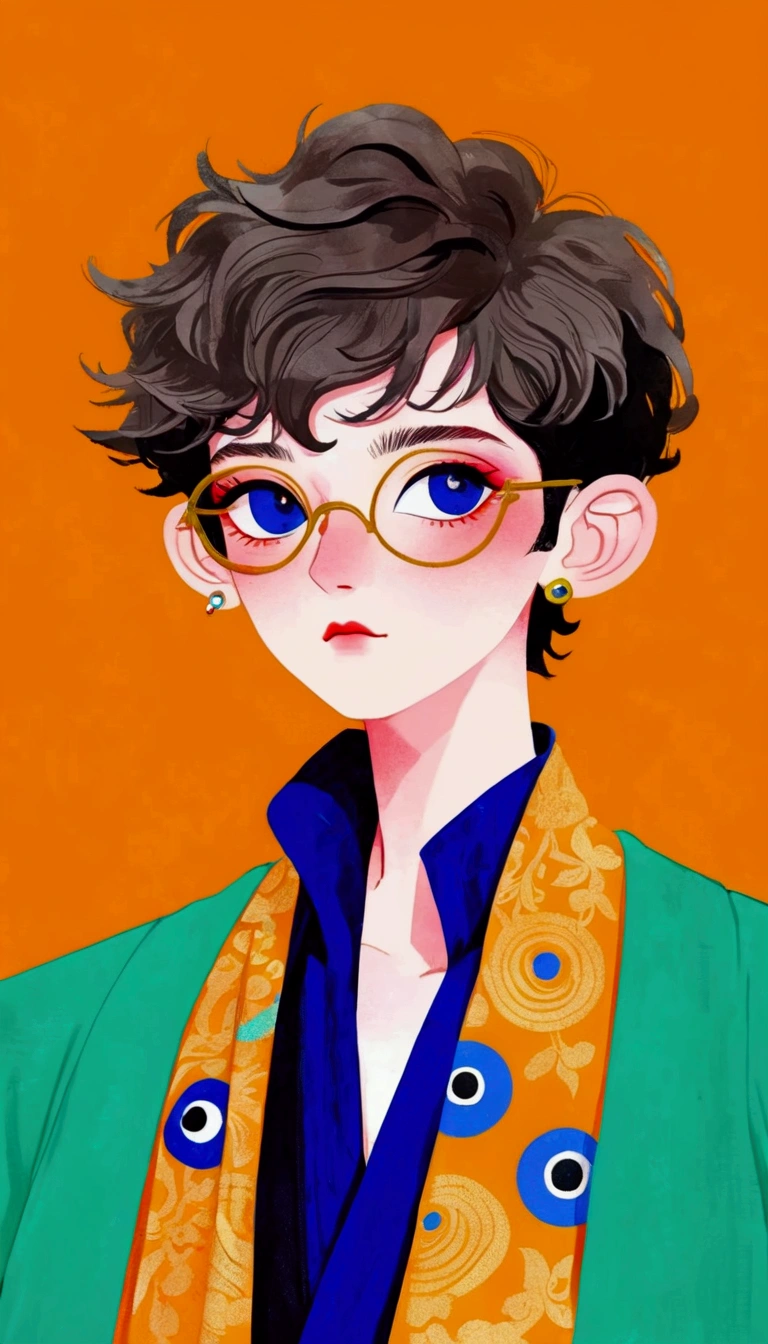 In a painting，A man in a colorful jacket、Delicate androgynous prince wearing a scarf,((( short hair，The third eye on clothes)))，temperament，独奏，Gouache inspired by Lubin Baugin, cg Social Hotspot, Cloisonnism, detailed Fashion Illustration, Fashion Illustration, luxury Fashion Illustration, Hanfu, Complex Abstract. (Gucci style), Color illustrations, cypherpunk Fashion Illustration, ,(((Solid color background)))