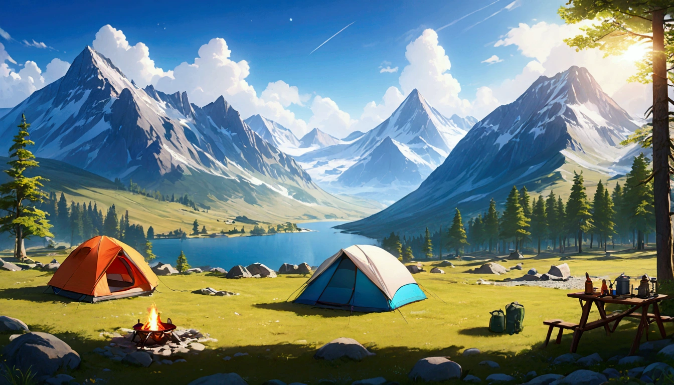 A plateau with a great view,camp site,The view is amazing.,tent,Camping equipment,Highest quality, 8k, High resolution, masterpiece:1.2, Very detailed, Realistic:1.37, High resolution, 超High resolution, Very detailed, Professional, Vibrant colors