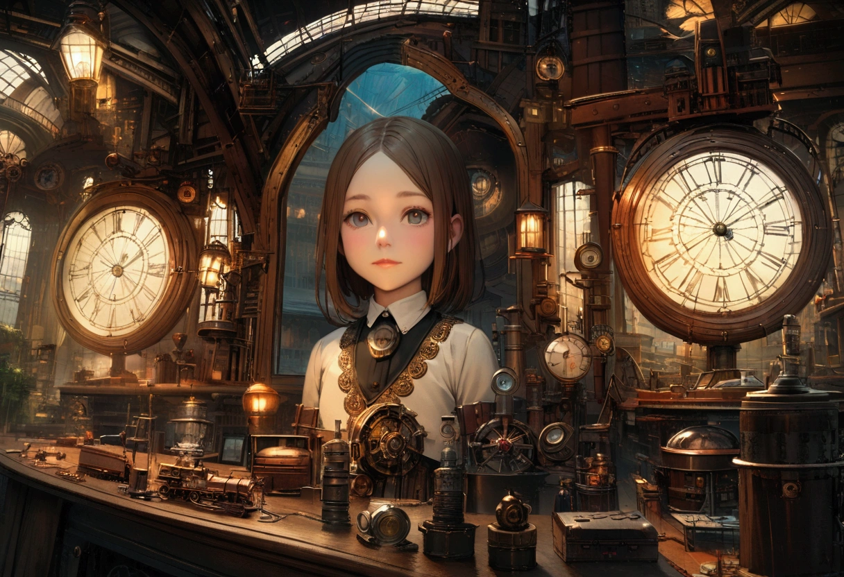 13-year-old girl, Half-body photo, Detailed European Faces, (A look of admiration), Steampunk Style, Steampunk city background, Super detailed photos, Light, Art Station, 4K, Clear focus, High resolution, 
