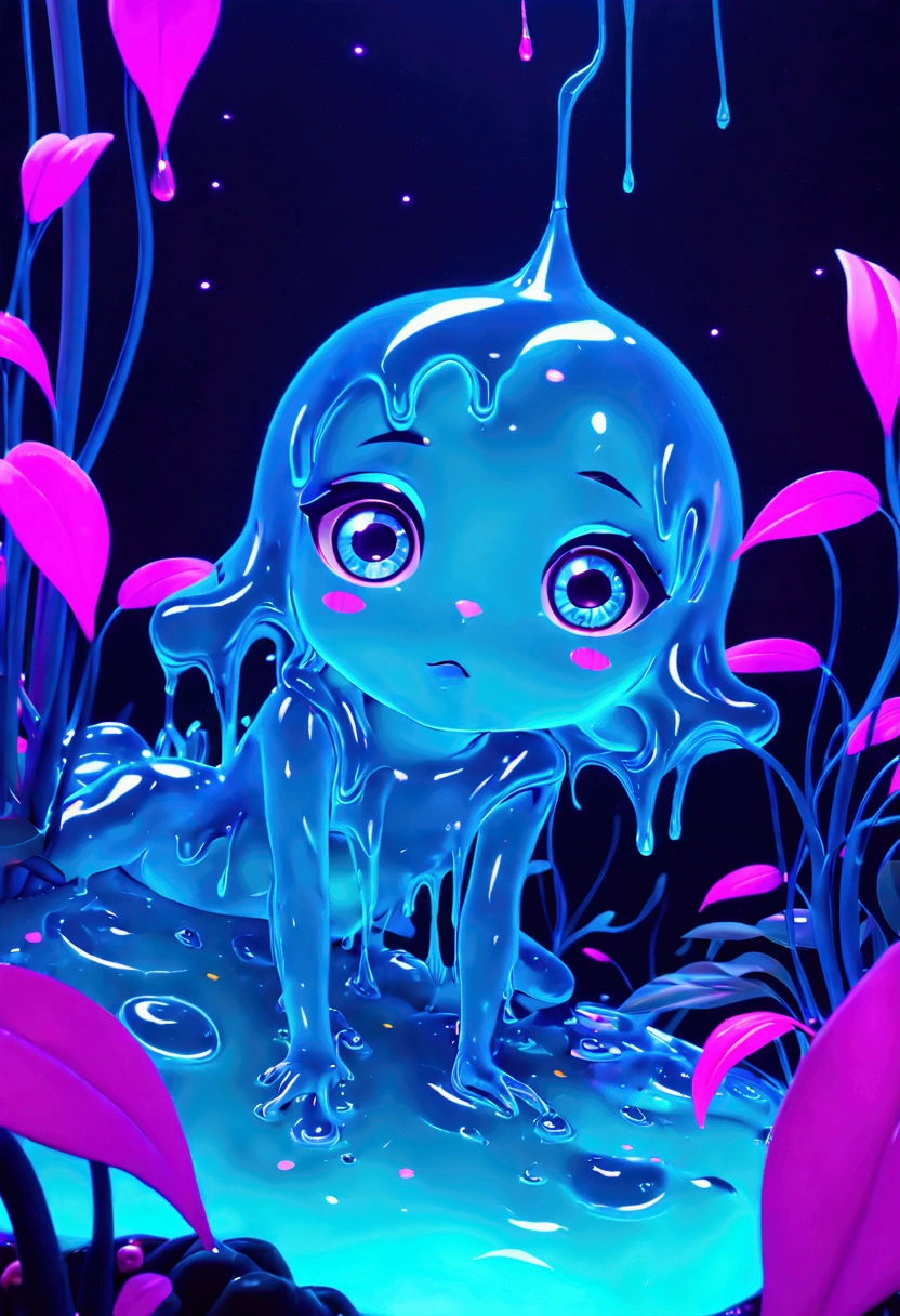 A slime creature, detailed slimy texture, gooey and viscous appearance, cute eyes, bright neon colors, fluorescent glowing, surreal fantasy landscape, colorful alien environment, glowing mushrooms, bioluminescent plants, cinematic lighting, detailed 3D render, vibrant colors, high detail, masterpiece, best quality, very aesthetic, absurdres