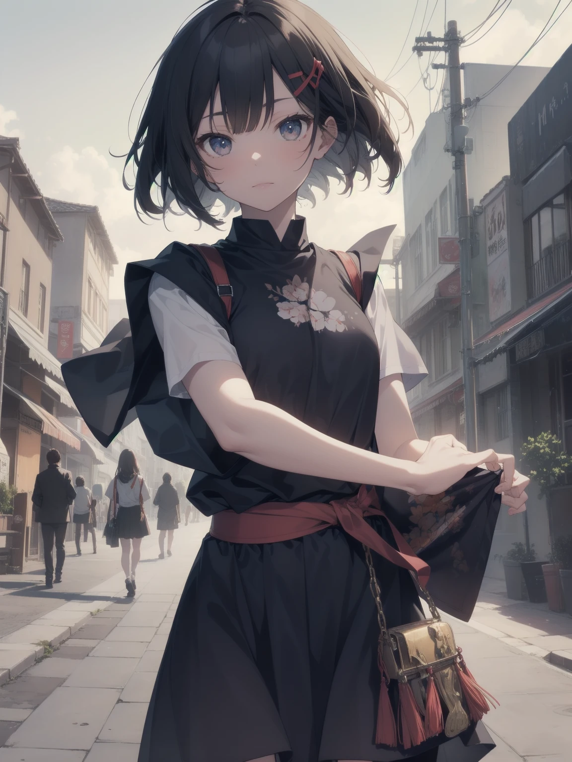 Ninjas are... cool and... fast.！ultra-absurdres-Top quality by artist God, ultra-detailed, high resolution, anime moe artstyle, best anime 8k konachan wallpaper, pixiv contest winner, pool:2810, perfect anatomy,break, Domo…1girl is ninja girl, (Please draw a picture of a Ninja girl stand and look down on the city from rooftop),from above, dutch angle, break, (Solo,,12-year-old:1.3), androgynous charm, (Very Short hair, blunt bangs), Full limbs, complete fingers,flat chest, Small butt, groin, small black eyes, beautiful detailed eyes, well-proportioned iris and pupils, expressive eyes, highres detailed hair, (sleeveless hanjuban),obi,ninja hakama, japanese Hairpin,ninja scarf waving in the wind, ninja stance, break,super detailed skin, Best cinematic lighting powered by famous artist, 8k,beauty illustration,photoshop_(medium),very aesthetic,break,((artist:nekotoufu )), artist:clamp ,artist:carnelian ,artist:kantoku ,
