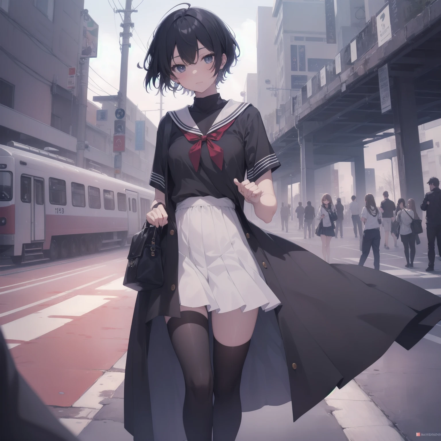 ultra-absurdres-Top quality by artist God, ultra-detailed, high resolution, anime moe artstyle, best anime 8k konachan wallpaper, pixiv contest winner, pool:2810, perfect anatomy,break, 1girl, (Please draw a girl walking sleepily to school alone. )break,(Solo,little female, 13-year-old:1.3),Full limbs, complete fingers,a junior high school student, (very short hair), short cut, flat chest, , small butt, small black eyes, beautiful detailed eyes, well-proportioned iris and pupils, expressive eyes, highres detailed hair, soft expression, salor school_uniform, sailor collar, serahuku, bow, pleated skirt,(Detailed Lighting), (Detailed background), in the School commute route. break,super detailed skin, Best cinematic lighting powered by famous artist, 8k,beauty illustration,photoshop_(medium),very aesthetic,break,((artist:nekotoufu )), artist:clamp ,artist:carnelian ,artist:kantoku ,
