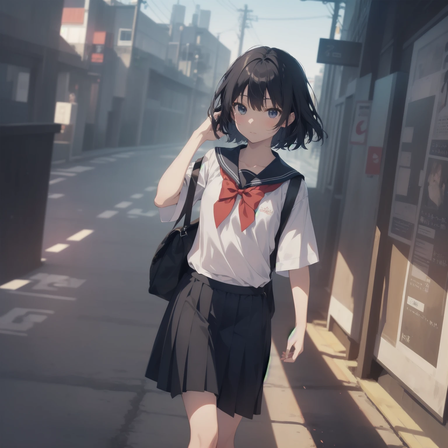 ultra-absurdres-Top quality by artist God, ultra-detailed, high resolution, anime moe artstyle, best anime 8k konachan wallpaper, pixiv contest winner, pool:2810, perfect anatomy,break, 1girl, (Please draw a girl walking sleepily to school alone. )break,(Solo,little female, 13-year-old:1.3),Full limbs, complete fingers,a junior high school student, (very short hair), short cut, flat chest, , small butt, small black eyes, beautiful detailed eyes, well-proportioned iris and pupils, expressive eyes, highres detailed hair, soft expression, salor school_uniform, sailor collar, serahuku, bow, pleated skirt,(Detailed Lighting), (Detailed background), in the School commute route. break,super detailed skin, Best cinematic lighting powered by famous artist, 8k,beauty illustration,photoshop_(medium),very aesthetic,break,((artist:nekotoufu )), artist:clamp ,artist:carnelian ,artist:kantoku ,