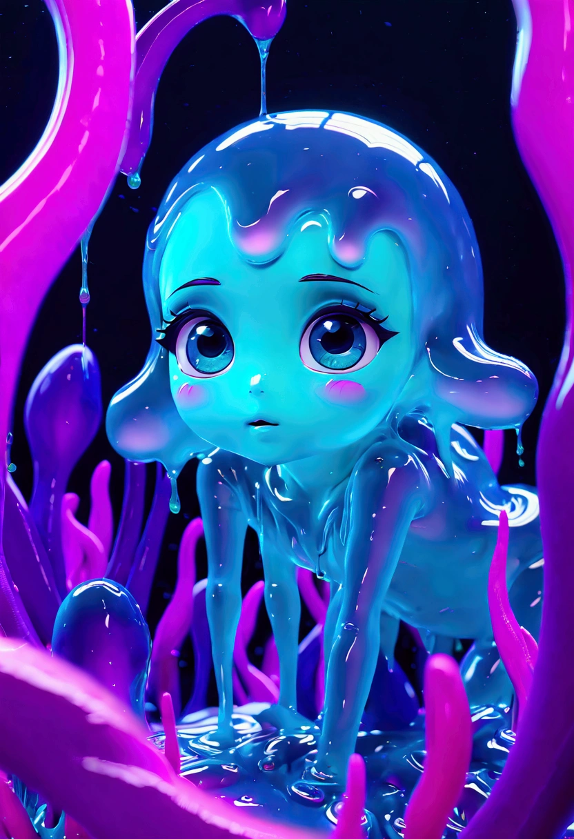 A slime creature, detailed slimy texture, gooey and viscous appearance, cute eyes, bright neon colors, fluorescent glowing, surreal fantasy landscape, colorful alien environment, glowing mushrooms, bioluminescent plants, cinematic lighting, detailed 3D render, vibrant colors, high detail, masterpiece, best quality, very aesthetic, absurdres