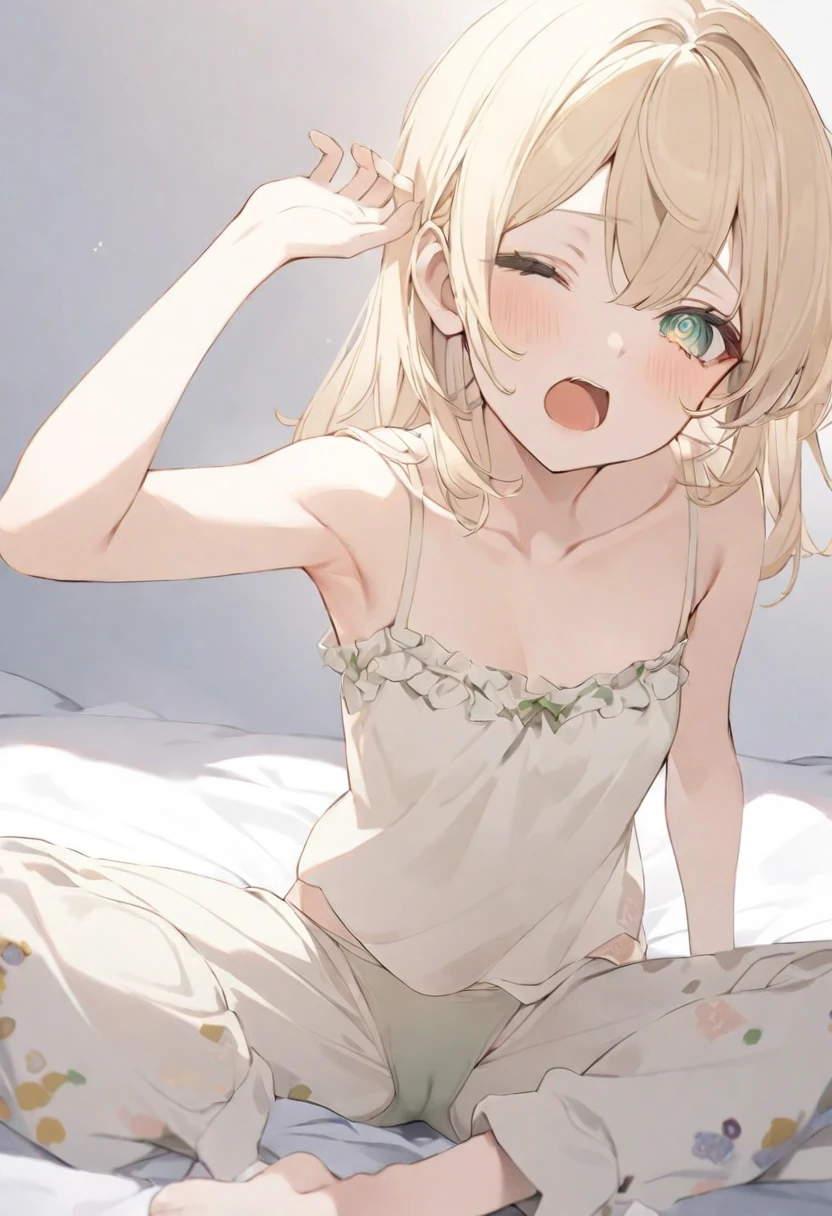 (muste piece), (best quality), (score_9, score_8_up, score_7_up), very detailed eyes, expressive eyes, perfect face, very detailed face, highly detailed face, beautiful girl, 8K, beautiful girl, white background, delicate and beautiful face and eyes, dark intense shadow, 1 girl, vtuber style, cool girl, hololive, vtuber, kazama iroha, blonde hair, green eyes, messy hair, pajamas, messy pajamas, close one eye, look up, small chest, cleavage, underpants, cameltoe, clavicle, yawned and stretched, one arm up, armpit, (full body), slpeey, sitting on bed, indian style,