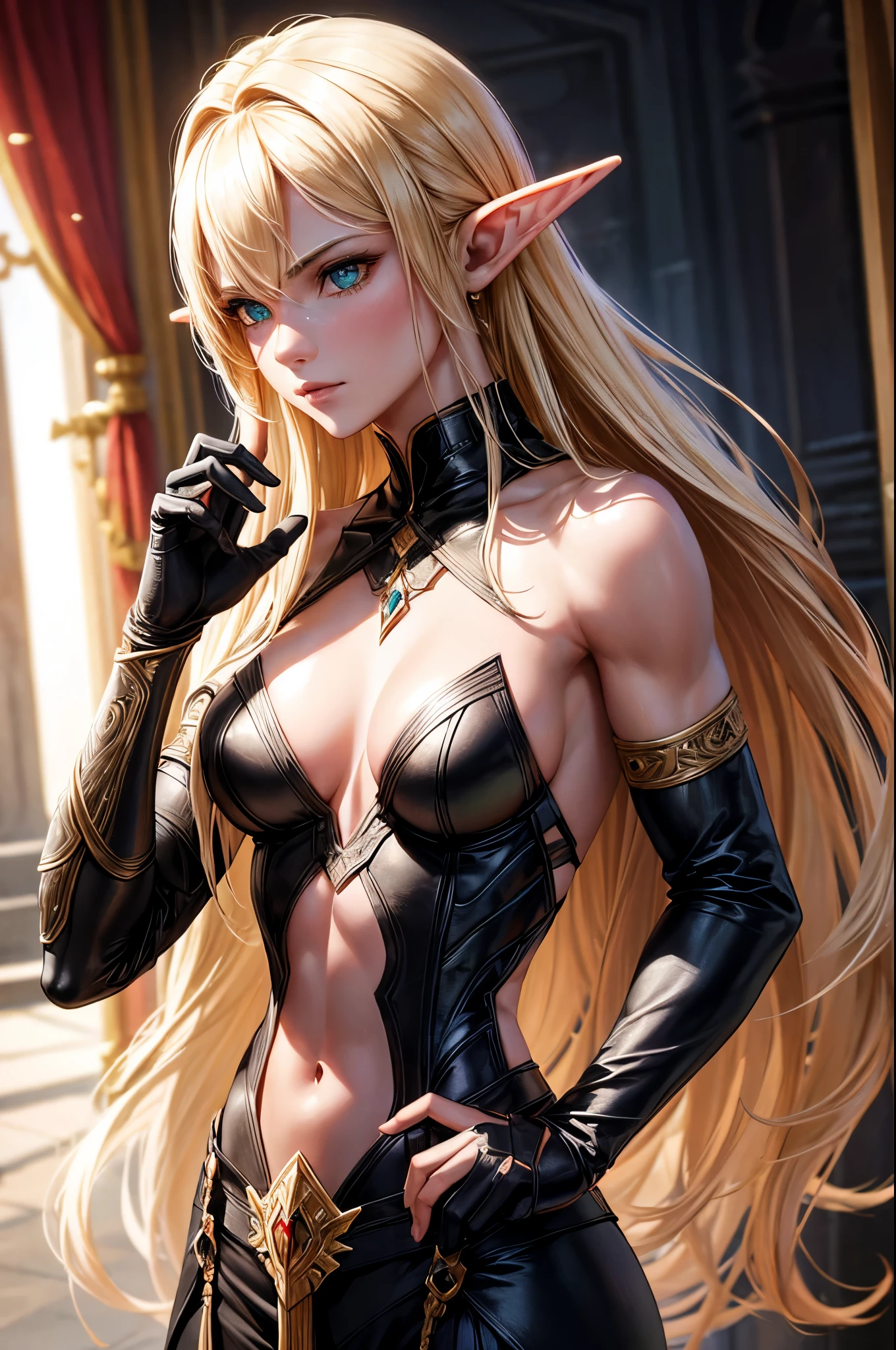 8k,An elf woman who serves as the vice-commander of the Brave Knights..,so beautiful(Like the real thing),Green Eyes,Elf Ears,Blonde Straight Hair,Muscular and slim body,Strongly defined abdominal muscles,Luxurious black exterior,Luxury Black Combat Trousers,sneer,Long, narrow eyes,masterpiece,Photorealistic RAW photos of the highest quality。Bright colors,Rich colors, Backlight, Cinema Lighting, Film Grain, to be born, 50mm lens, Nikon D850,Realistic Skin,Fantasy art,Character Art,Ultra-high resolution,Realistic scale skins,Perfect hand shape,View your viewers,Beautiful expression,1 comb&#39;hair,Very small breasts,豪華な緑と黒のVery small breastsの胸鎧,Luxurious black shoulder pad,Luxurious black gauntlets,Luxurious black armour,Luxurious black leg armor,View your viewers,Thin breastplate,Top-down view,close,Sharp Eyes,Dynamic fighting pose,Showing very little cleavage,