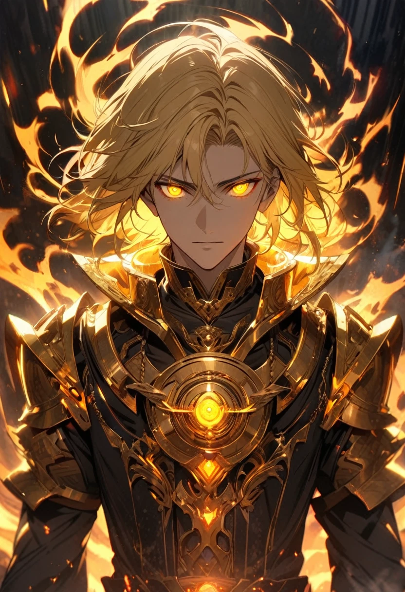 male, solo, handsome, god, god eyes, glowing eyes, blond hair, golden, aura, holo, beautiful, beautiful color, high detail, golden eyes
