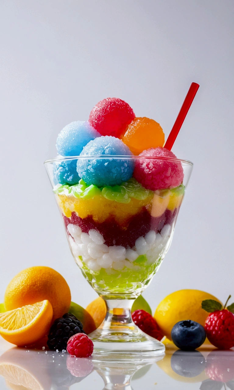 Delicious looking shaved ice、(Colorful slime candy sprinkled on top)、Beautiful glassware、Water Drop、fruit、 food, food focus、No humans, White Background, Simple Background,