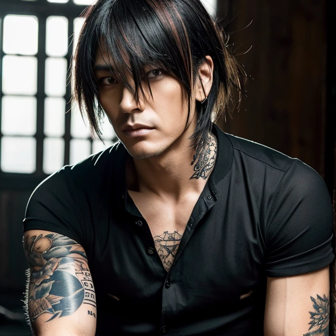 1 man, male, Japanese man, Visual Kai hairstyle, ultra detailed face and body, hyperrealistic, realistic representation, muscular, broad shoulders, tattoos gothic style, Visual Kei style, hairstyle Visual Kei, black and blond, long hair, 40 years old, age 40, outfit gothic , men's shirt and black pants, Asian eyes, eyes, Visual Kei hairstyle 