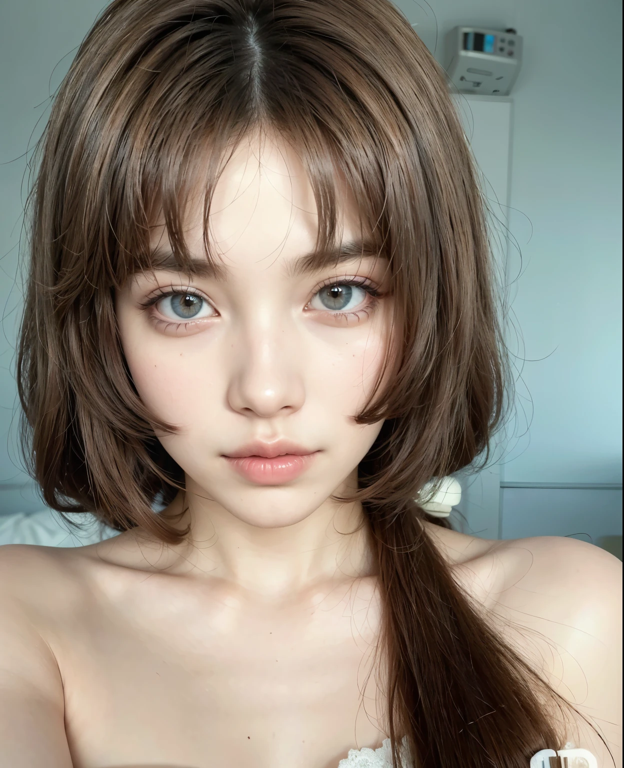 There is a young woman with very long hair and a very big smile, bonito rosto de anime natural, franja fofa, pale round face, rosto bonito claro, com olhos bonitos, penteado twintails, cabelo arrumado com franja, bonito-fino-cara, lindo rosto delicado, Ulzzang, Sakimichan, O corte Hime