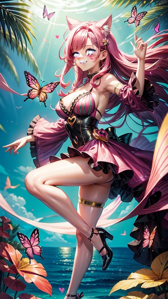 Magenta hair, older woman, cat ears, long hair, smiling face, sexy outfit, butterflies, floating hearts, tropical background, teal, pink, and gold dress clothes