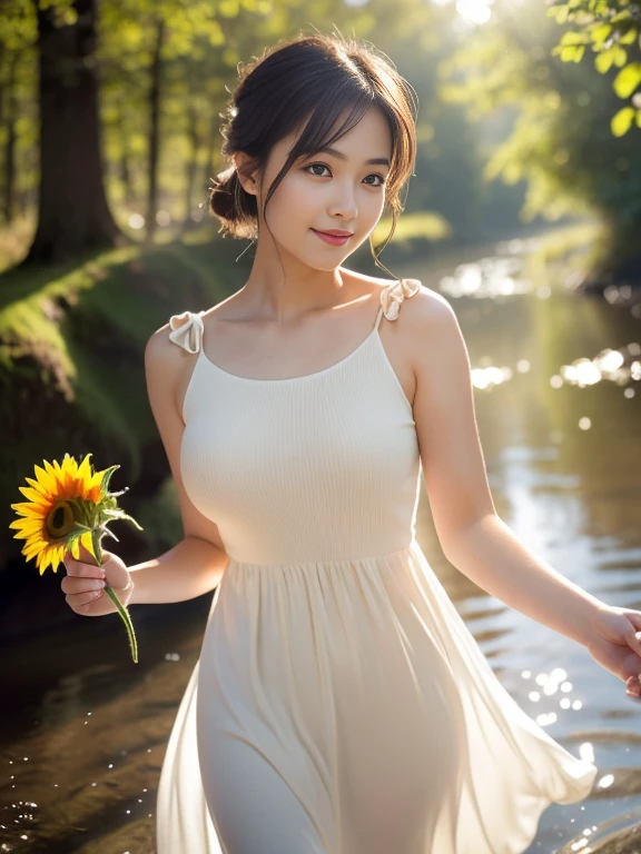 (masterpiece, best quality), outstanding details, ultra-high resolution, 
anatomically correct, wide shot, atmospheric perspective,

A cute Japanese woman walking along a stream in the morning forest, 30 years old, 

cowboy shot,  (holding a sunflower, reaching out), 

(Plump), medium breasts,  

Happy smile, Mouth slightly open, looking at viewer,

round face, tareme, Downturned Eyes, pupils sparkling, Cute duck mouth, cute small nose, thin lips, thin eyebrows, 

brown hair, low ponytail, short hair, swept bangs,

(wearing A white elegant slip summer dress made of a transparent smooth material), 

depth of field, exposure high key, 
(( morning sunlight, backlighting, The light reflected from below softly illuminates the woman's face)), 
cinematic lighting, reflection light, (Total soft lighting, dreamy atmosphere,  animated expression) , 