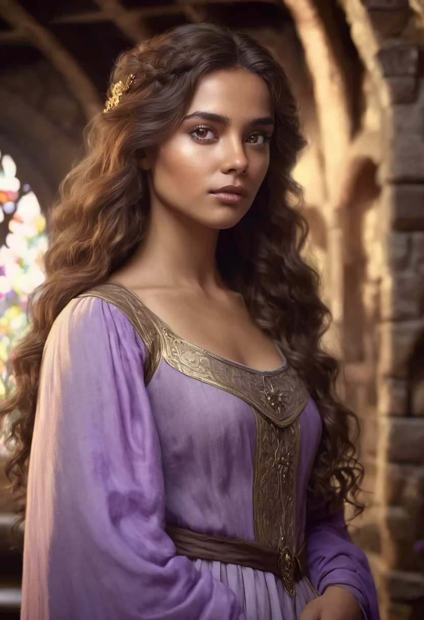 1 woman, inside a medieval room, wearing a simple medieval dress of lilac color, detailed facial features, feminine light brown eyes, detailed dark caramel skin, long curly golden brown hair, dramatic lighting, cinematic composition, warm palette, warm colors, atmospheric haze, thin chin, serious face, soft face, strong and beautiful woman (best quality, 4K, 8K, high resolution, art: 1.2), ultra detailed (realistic, photorealistic, photorealistic: 1.37)