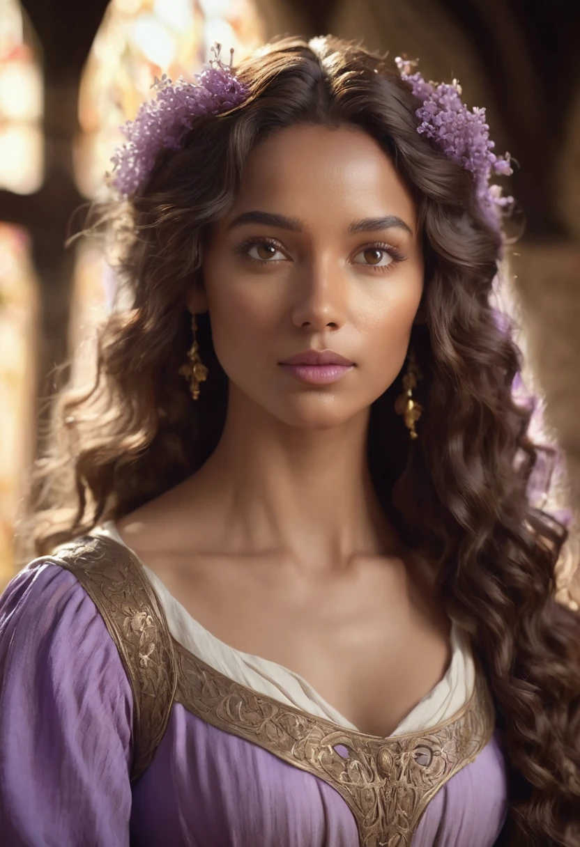 1 woman, inside a medieval room, wearing a simple medieval dress of lilac color, detailed facial features, feminine light brown eyes, detailed dark caramel skin, long curly golden brown hair, dramatic lighting, cinematic composition, warm palette, warm colors, atmospheric haze, thin chin, serious face, soft face, strong and beautiful woman (best quality, 4K, 8K, high resolution, art: 1.2), ultra detailed (realistic, photorealistic, photorealistic: 1.37)
